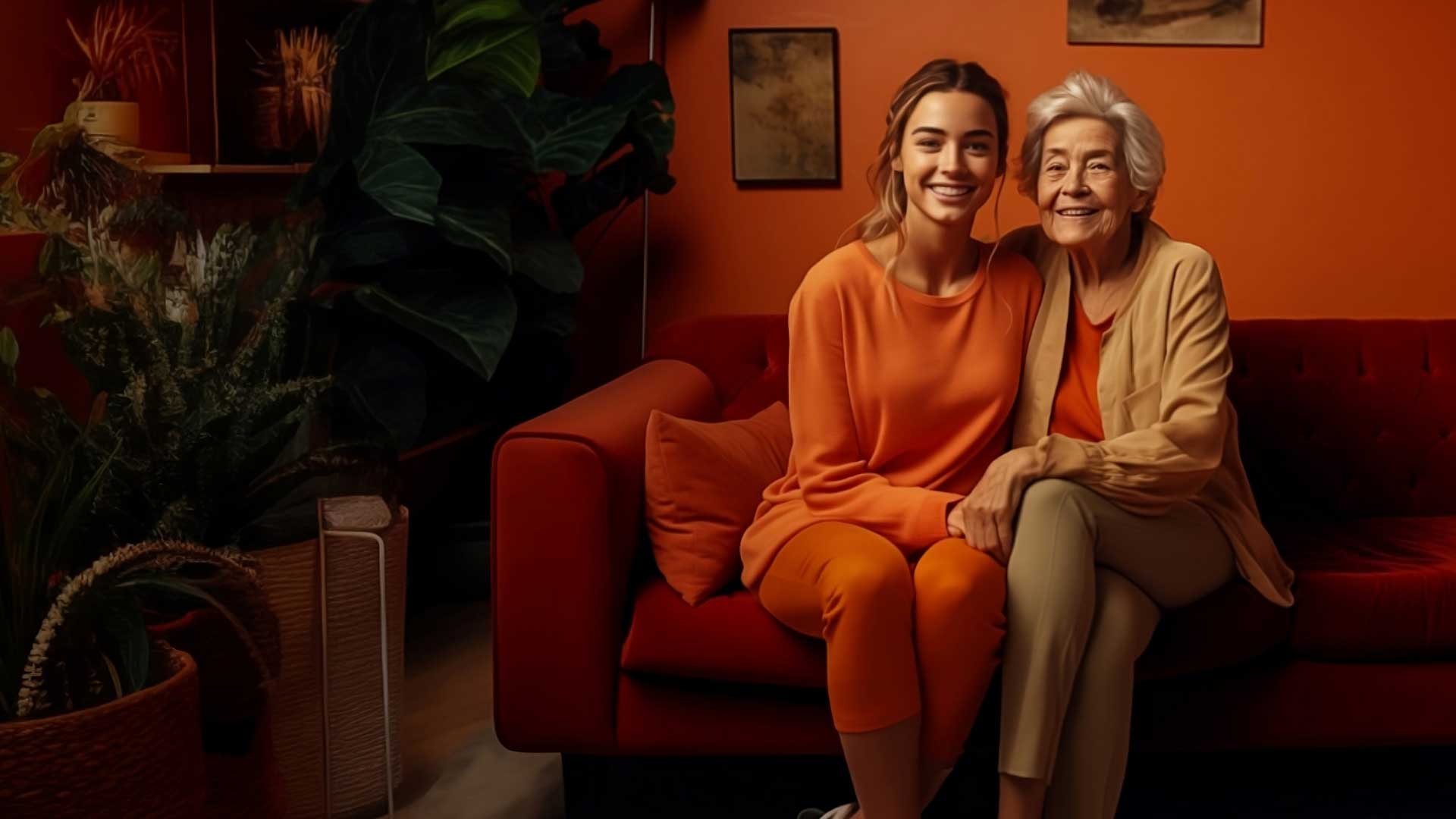 Jovem e Idosa sorridentes, sentadas em sofá