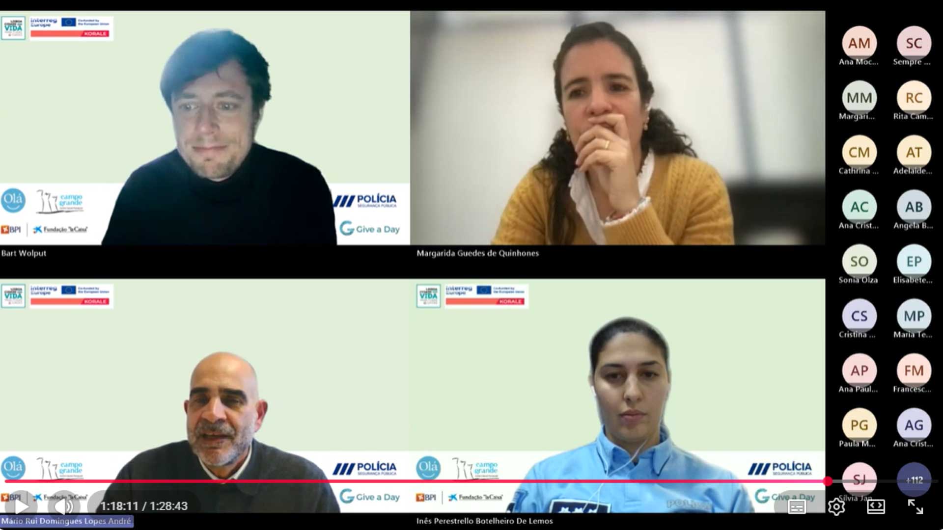 imagem de ecrã de computador com caras dos participantes no webinar “European Best Practices in Knowledge, Awareness and Prevention of Unwanted Loneliness. How volunteering can help?”, promovido pela Comunidade de Prática KORALE | Lisboa Com Vida