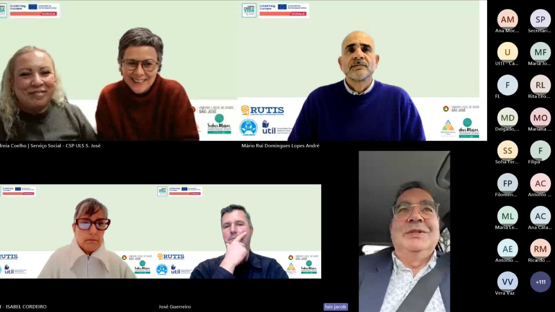imagem de ecrã de computador com caras dos participantes no webinar “European Best Practices in Knowledge, Awareness and Prevention of Unwanted Loneliness. How volunteering can help?”, promovido pela Comunidade de Prática KORALE | Lisboa Com Vida